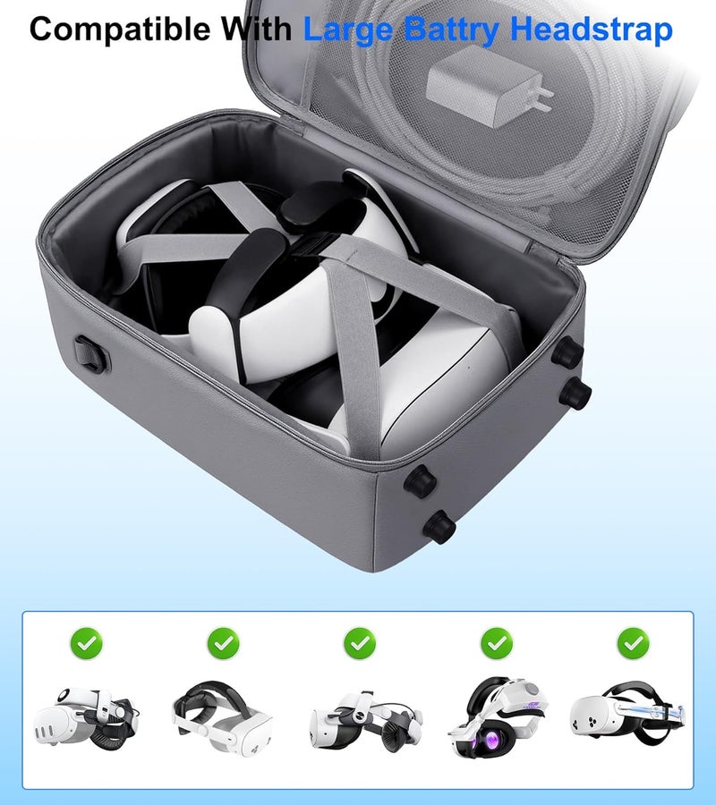 YRXVW حقيبة حمل كبيرة لـ Meta Quest 3S/3/2، متوافقة مع أحزمة رأس بطارية BOBOVR و Kiwi، حقيبة سفر VR مقاومة للماء والصدمات لتخزين الملحقات والمنزل والسفر - Image 3